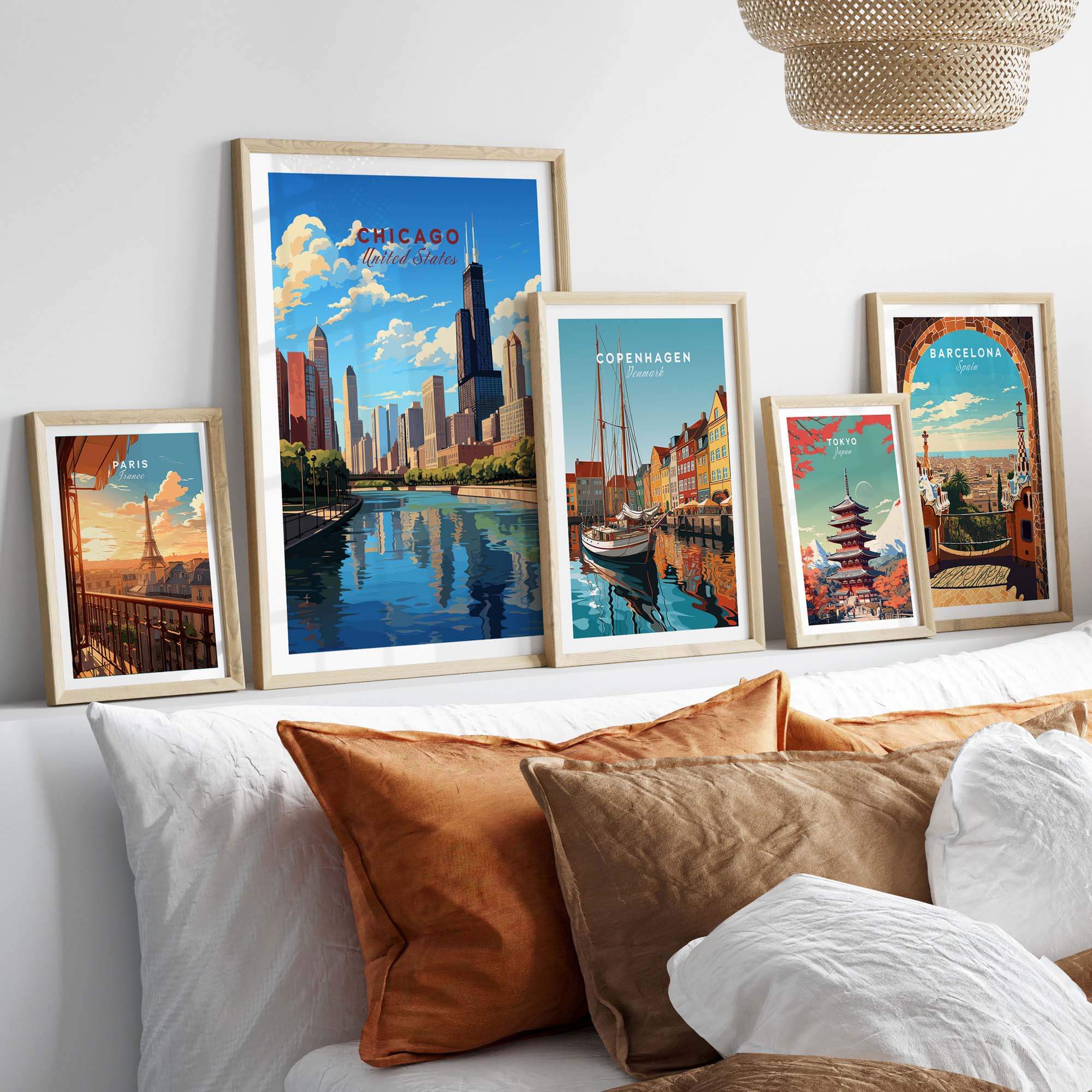 Framed Chicago wall art print among other travel prints, showcasing iconic cityscapes and vibrant colors for stylish decor.