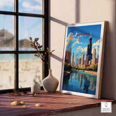 Chicago wall art print featuring iconic skyline and vibrant colors, perfect for home or office decor.