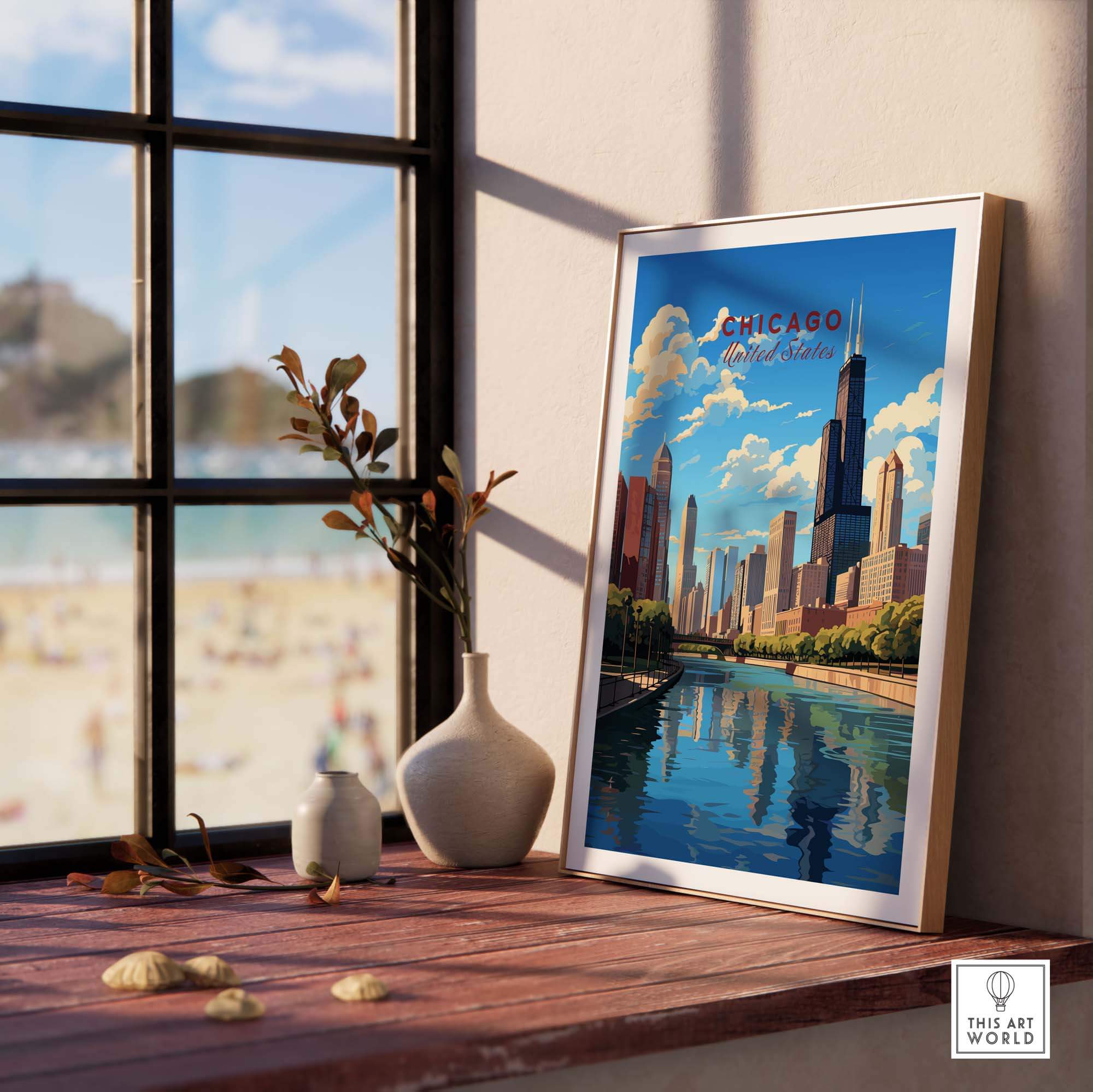 Chicago wall art print featuring iconic skyline and vibrant colors, perfect for home or office decor.