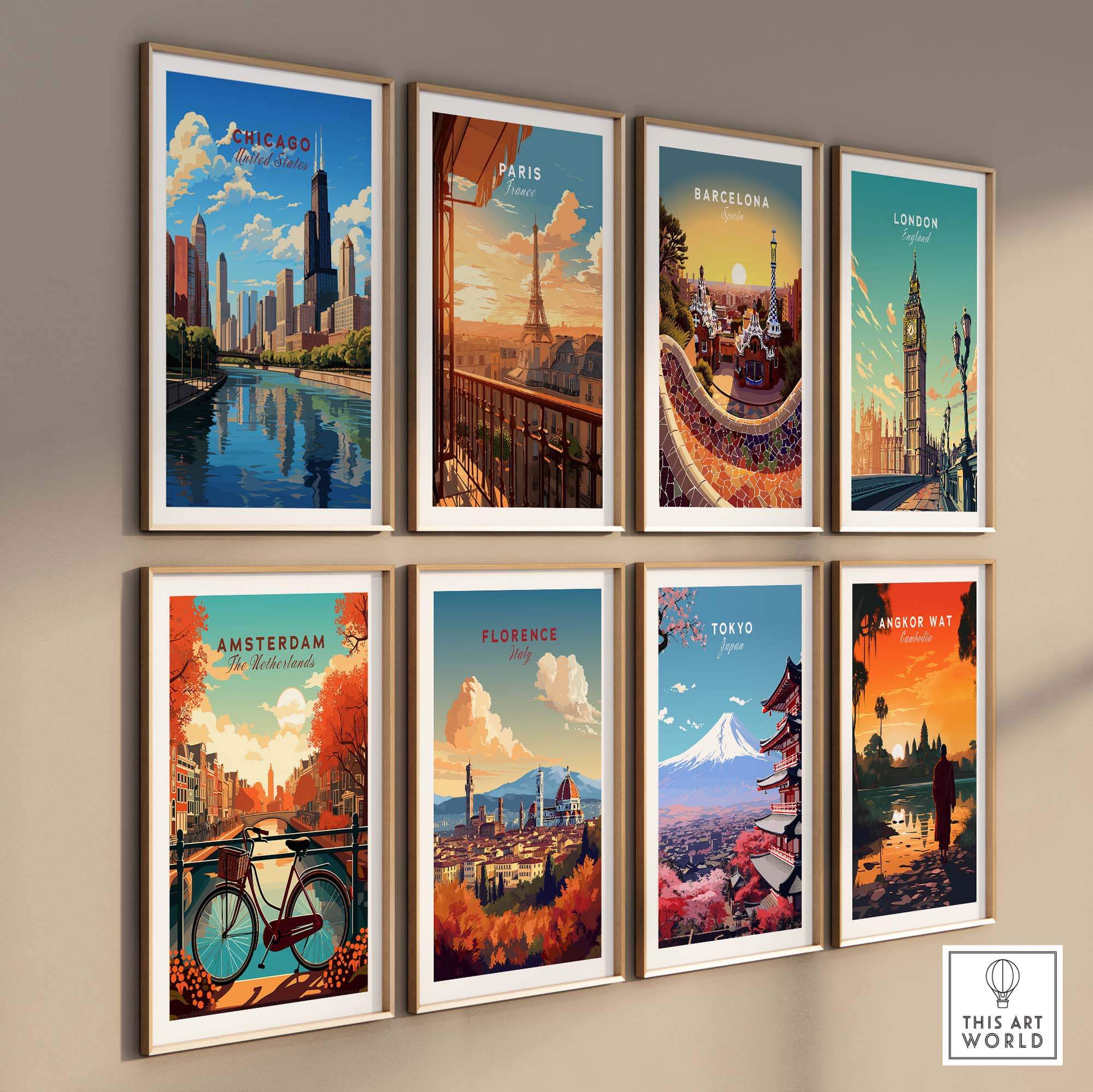 A collection of vibrant travel prints featuring cities like Chicago, Paris, Barcelona, and Tokyo, framed on a wall.