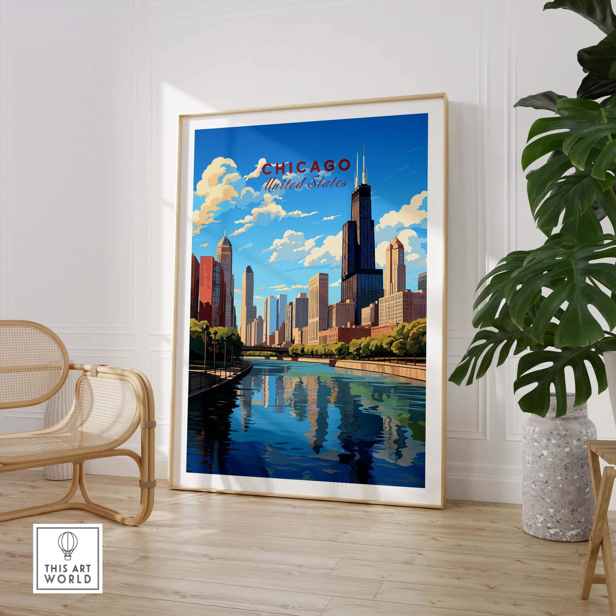 Chicago Wall Art featuring a vibrant skyline reflection in water, perfect for home or office decor.