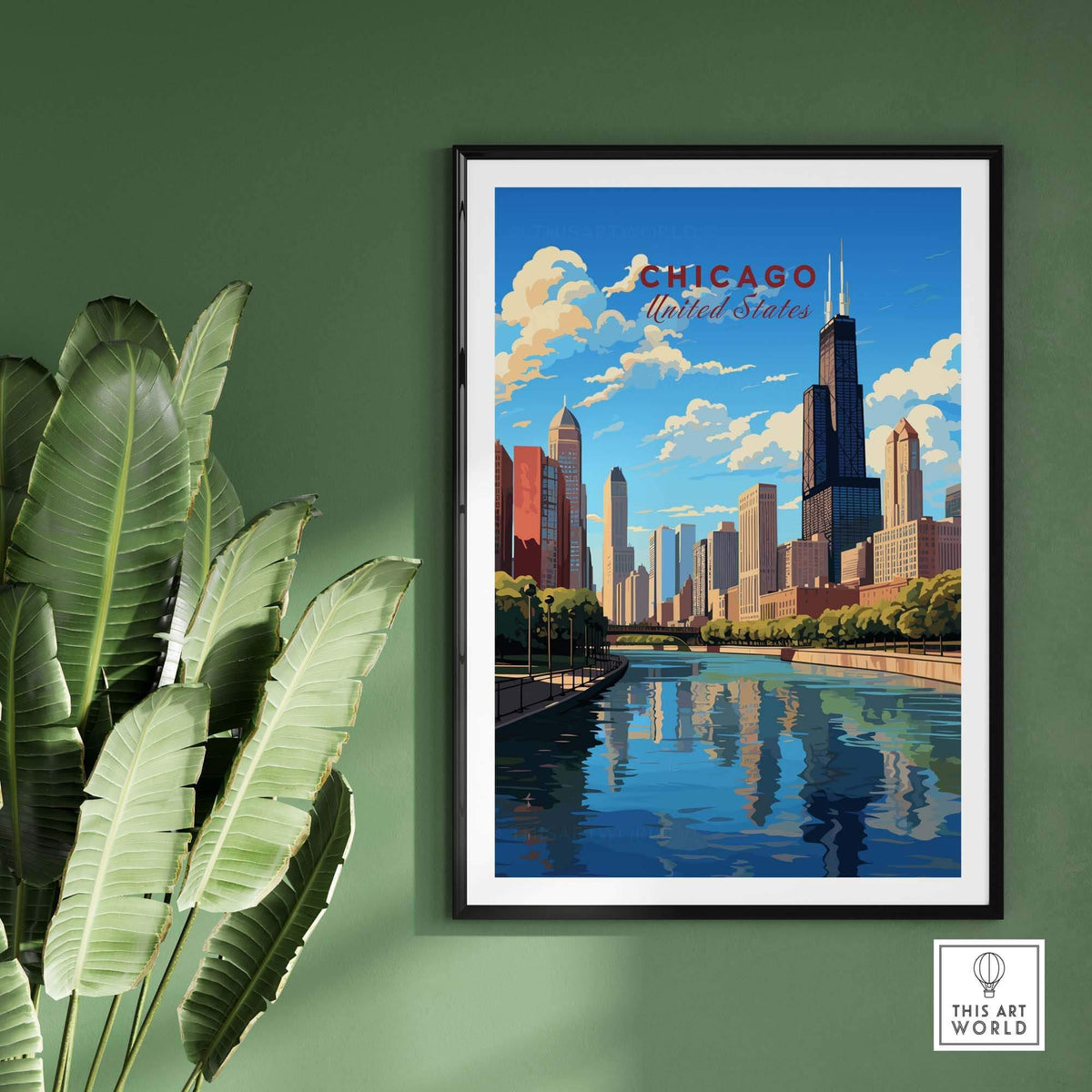 Vibrant Chicago Wall Art featuring the city skyline and river, ideal for home or office decor.