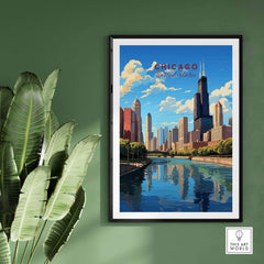 Vibrant Chicago Wall Art featuring the city skyline and river, ideal for home or office decor.