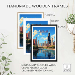 Handmade wooden frames in natural, white, and black colors showcasing vibrant Chicago skyline art print. Perfect for any decor.