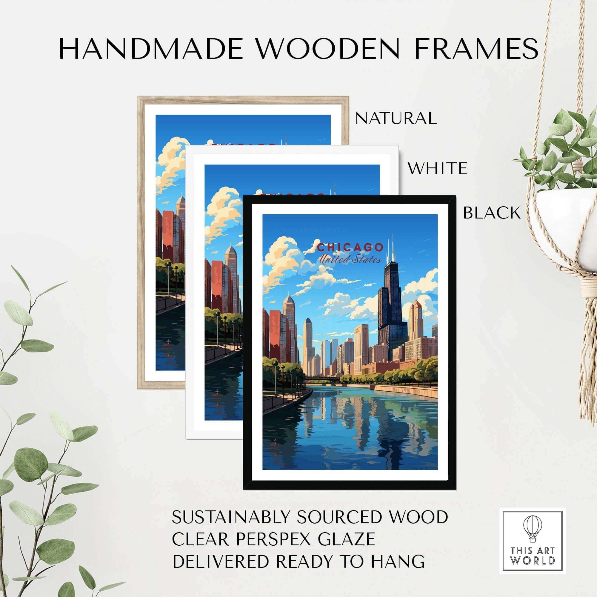 Handmade wooden frames in natural, white, and black colors showcasing vibrant Chicago skyline art print. Perfect for any decor.