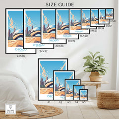 Size guide for Chicago wall art prints showcasing various dimensions for optimal display options.