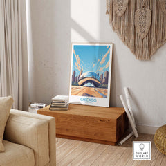 Chicago wall art poster featuring 'The Bean' in a modern room setting, perfect for Chicago enthusiasts and decor.