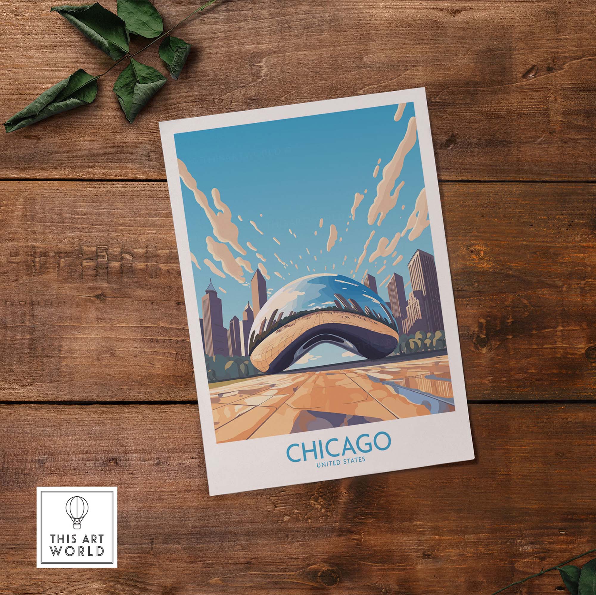 Chicago wall art featuring 'The Bean' in modern style, perfect gift for Chicagoans and art lovers.