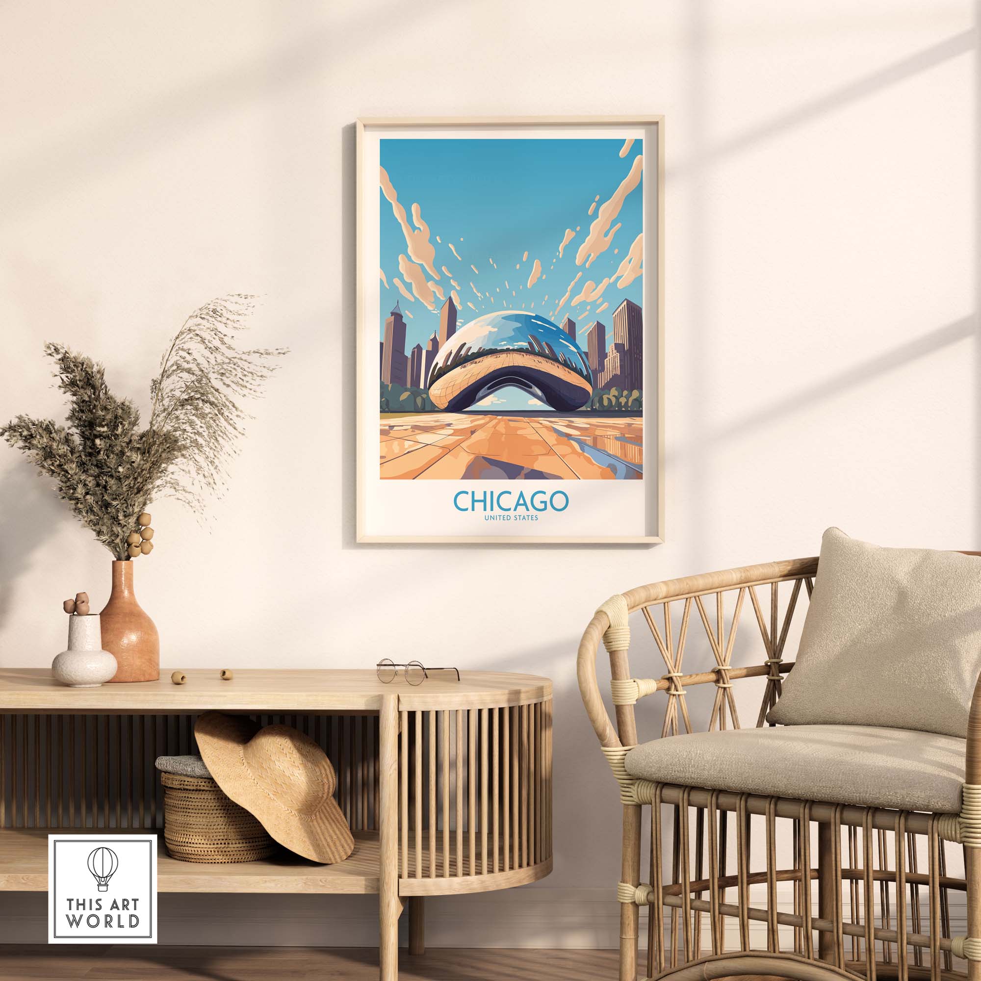 Chicago wall art featuring 'The Bean' in a modern setting, perfect for Chicagoans and visitors alike.