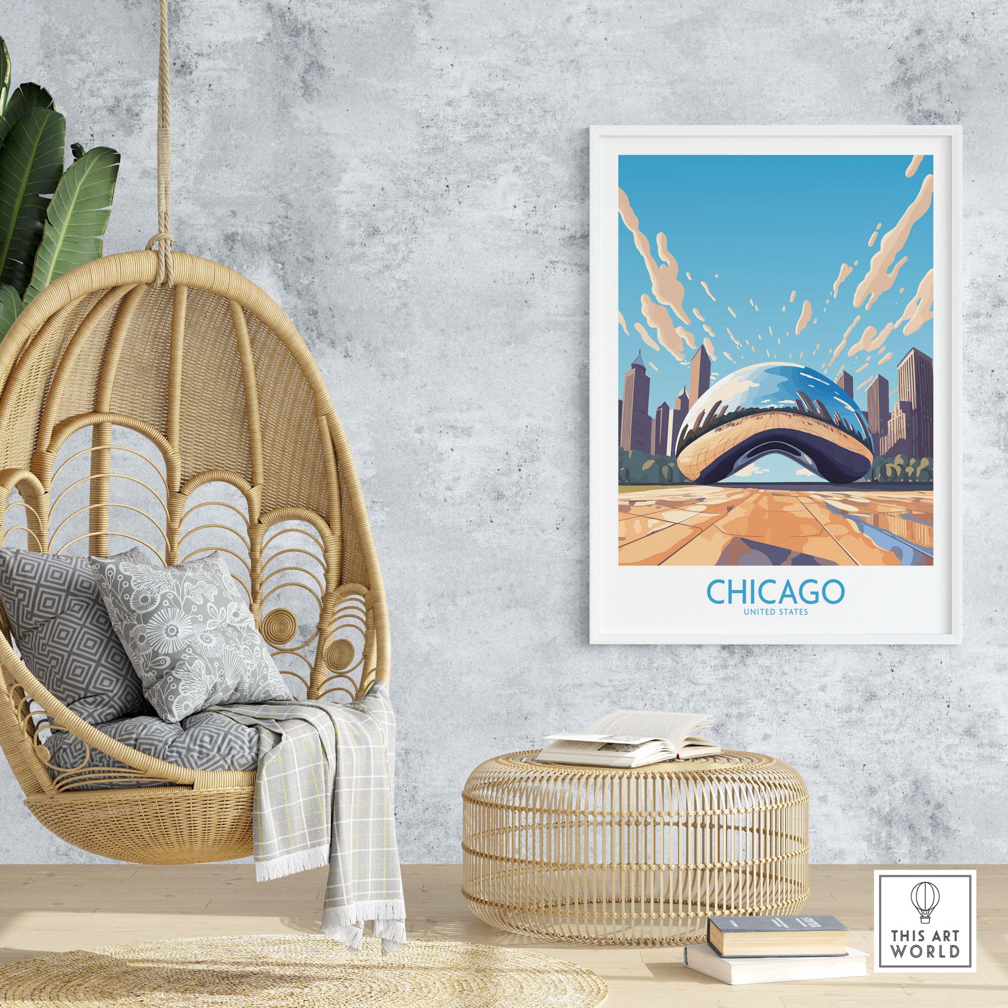 Chicago wall art print of 'The Bean', hanging in a modern living space with a cozy chair and decor elements.