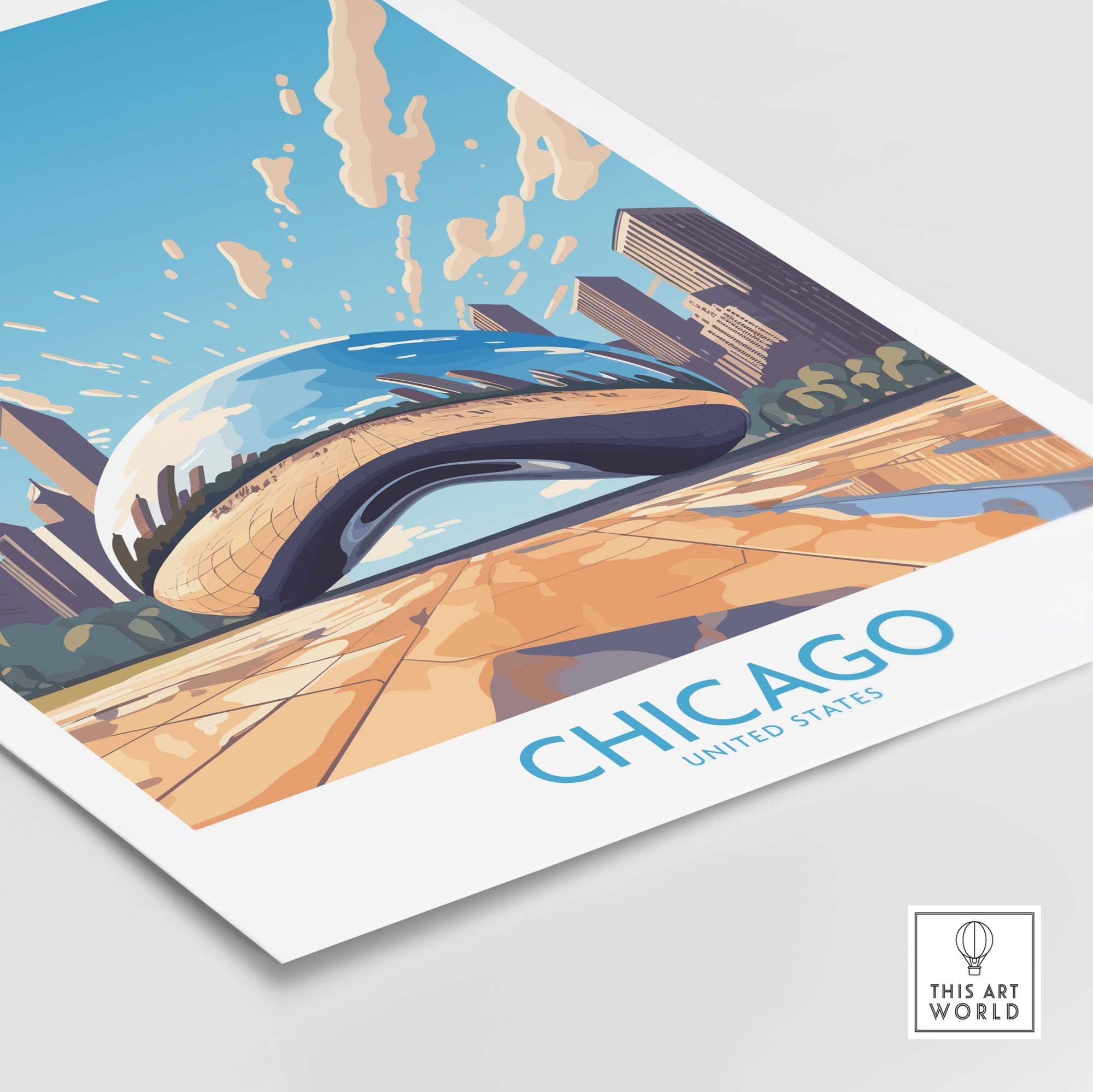 Chicago wall art featuring 'The Bean' in a modern design, perfect as a keepsake for Chicago lovers and visitors.