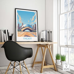 Chicago wall art featuring 'The Bean' in a modern setting, showcasing vibrant colors and a stylish decor element.