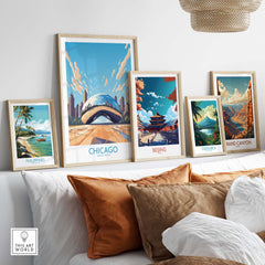 Modern Chicago wall art featuring 'The Bean' among framed travel prints, adding a vibrant touch to home decor.