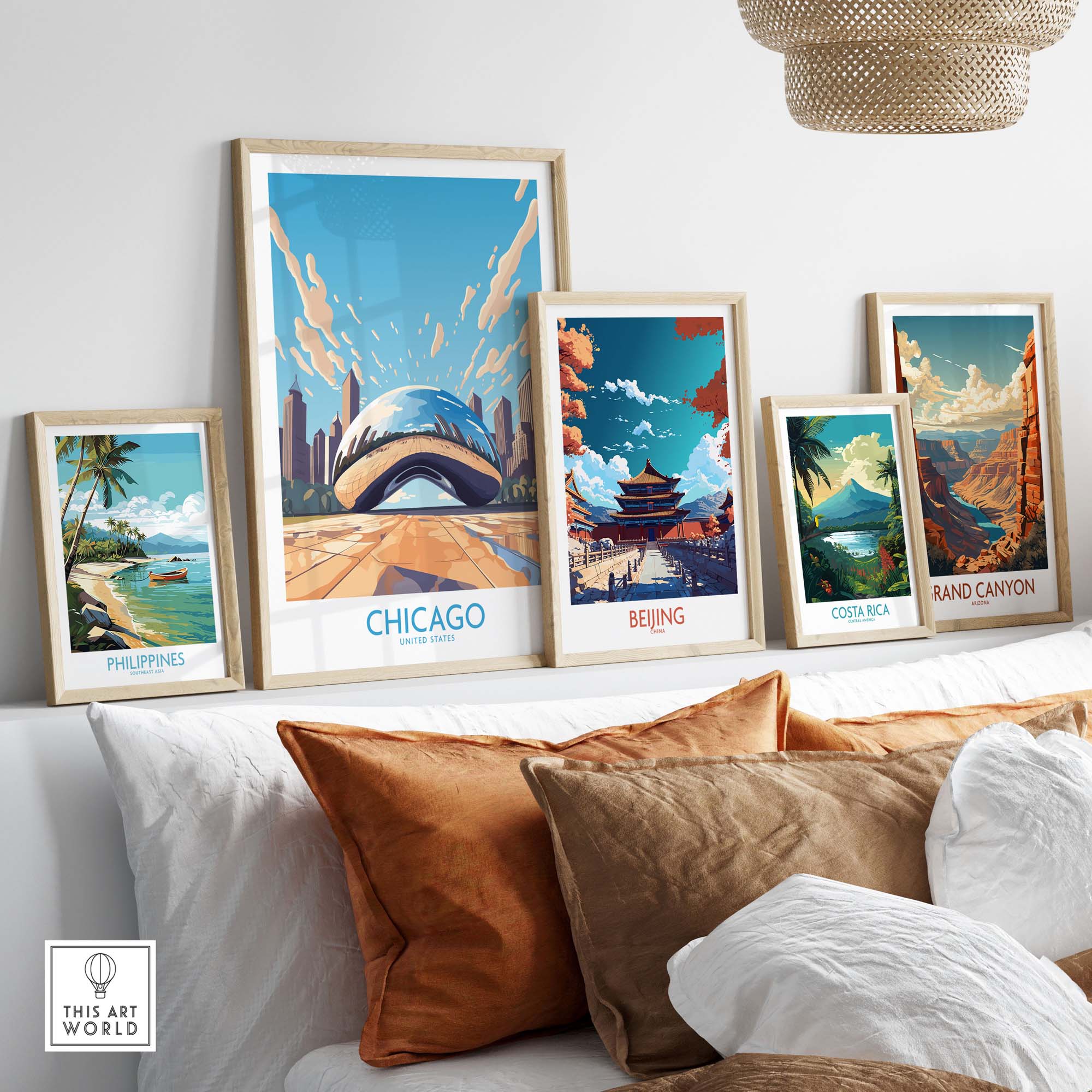 Modern Chicago wall art featuring 'The Bean' among framed travel prints, adding a vibrant touch to home decor.
