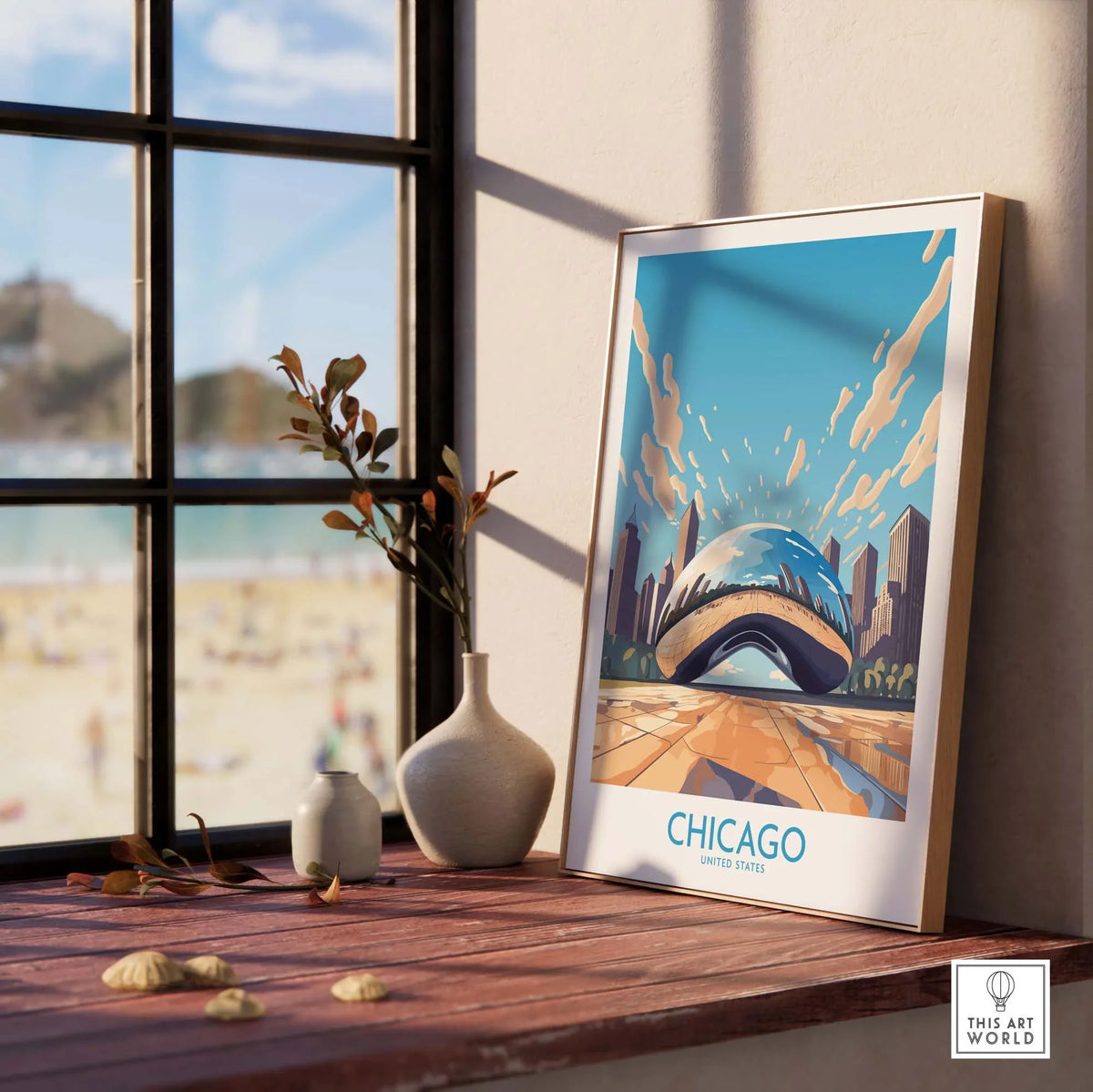 Chicago wall art featuring 'The Bean' in a modern style, displayed in a bright interior setting. Ideal for Chicagoans and visitors.