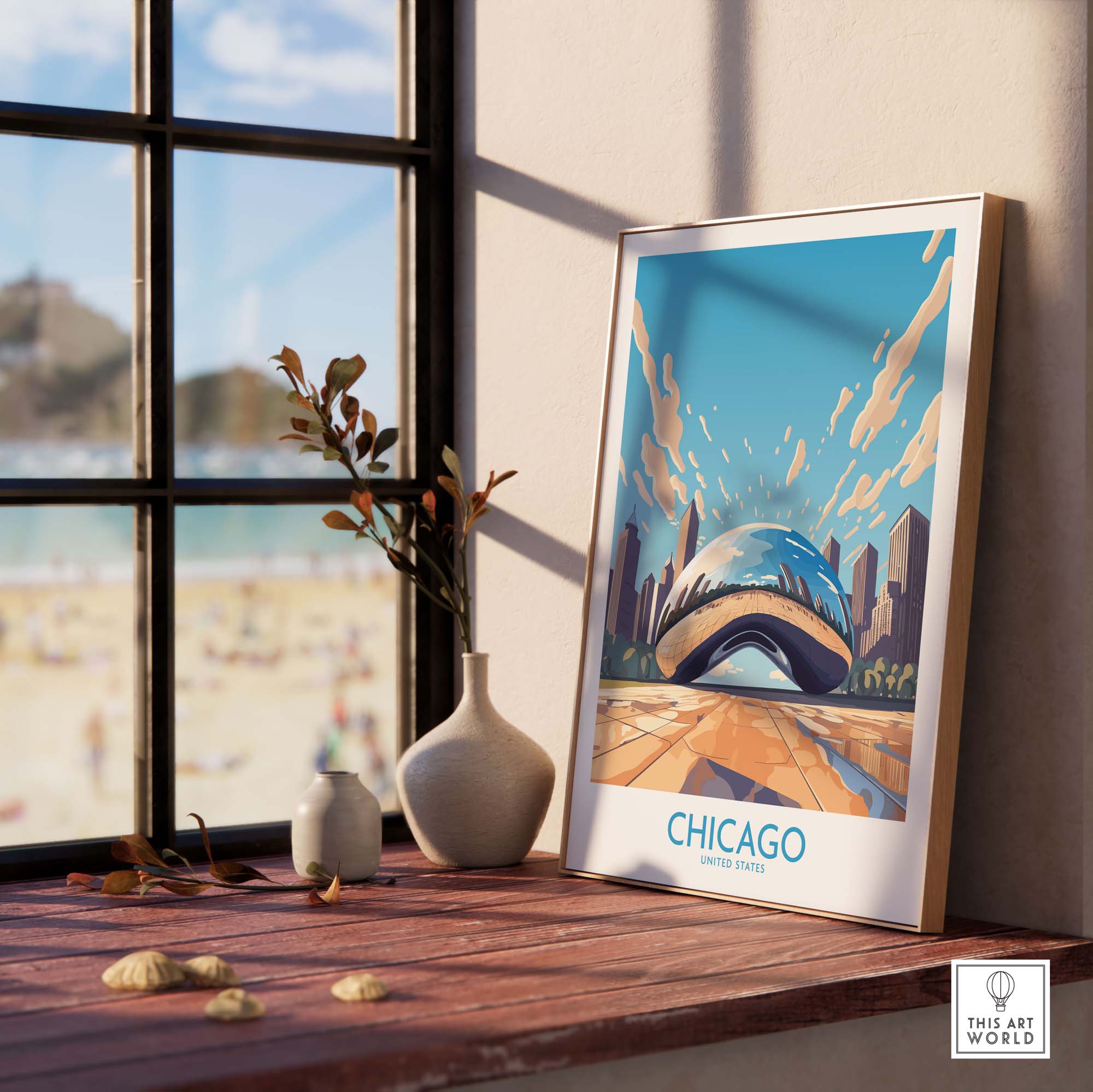 Chicago wall art featuring 'The Bean' in a modern style, displayed in a bright interior setting. Ideal for Chicagoans and visitors.