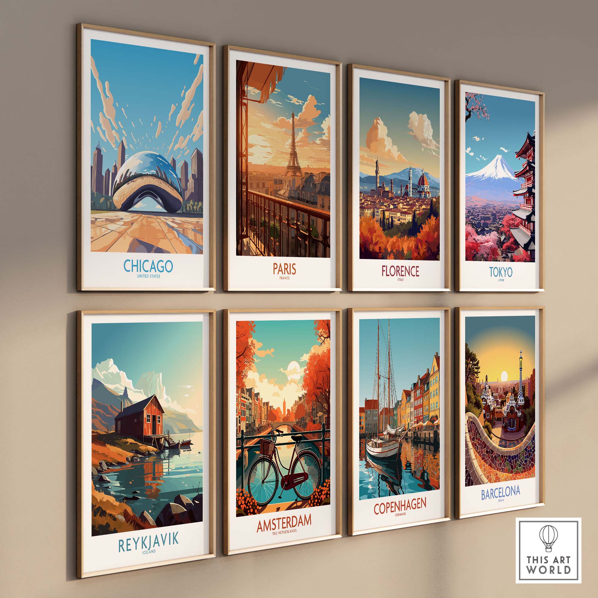 Colorful wall art featuring iconic landmarks from Chicago, Paris, Florence, Tokyo, Reykjavik, Amsterdam, Copenhagen, and Barcelona.