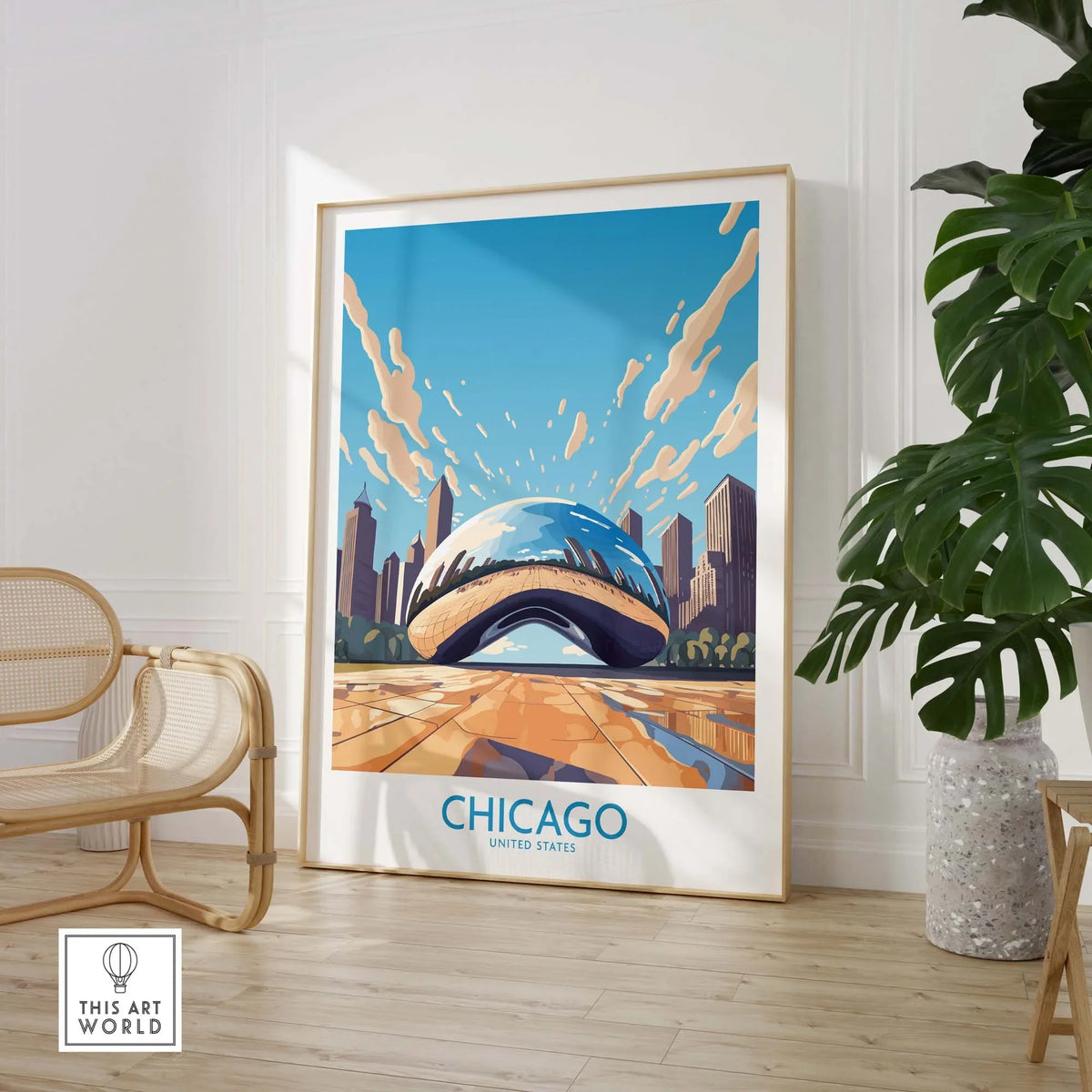 Chicago wall art featuring 'The Bean' in a modern style, perfect for Chicagoans and visitors.