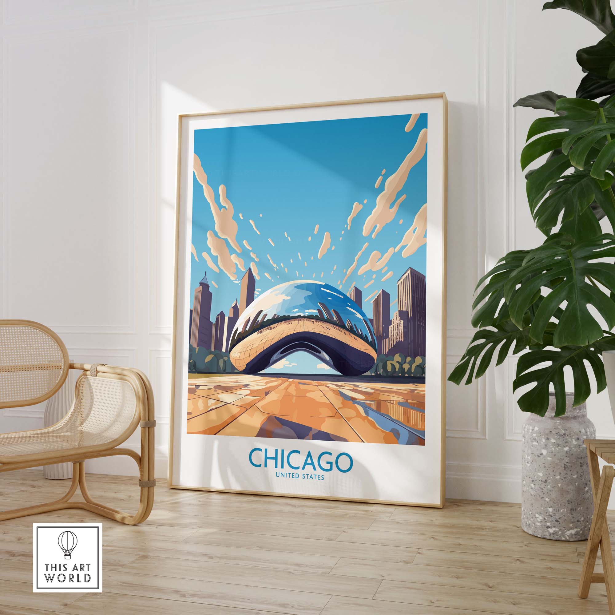 Chicago wall art featuring 'The Bean' in a modern style, perfect for Chicagoans and visitors.