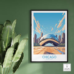 Modern Chicago wall art featuring 'The Bean' against a vibrant city skyline background, perfect for decor lovers.