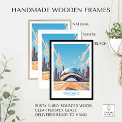 Handmade wooden frames in natural, white, and black featuring Chicago wall art with 'The Bean' illustration.