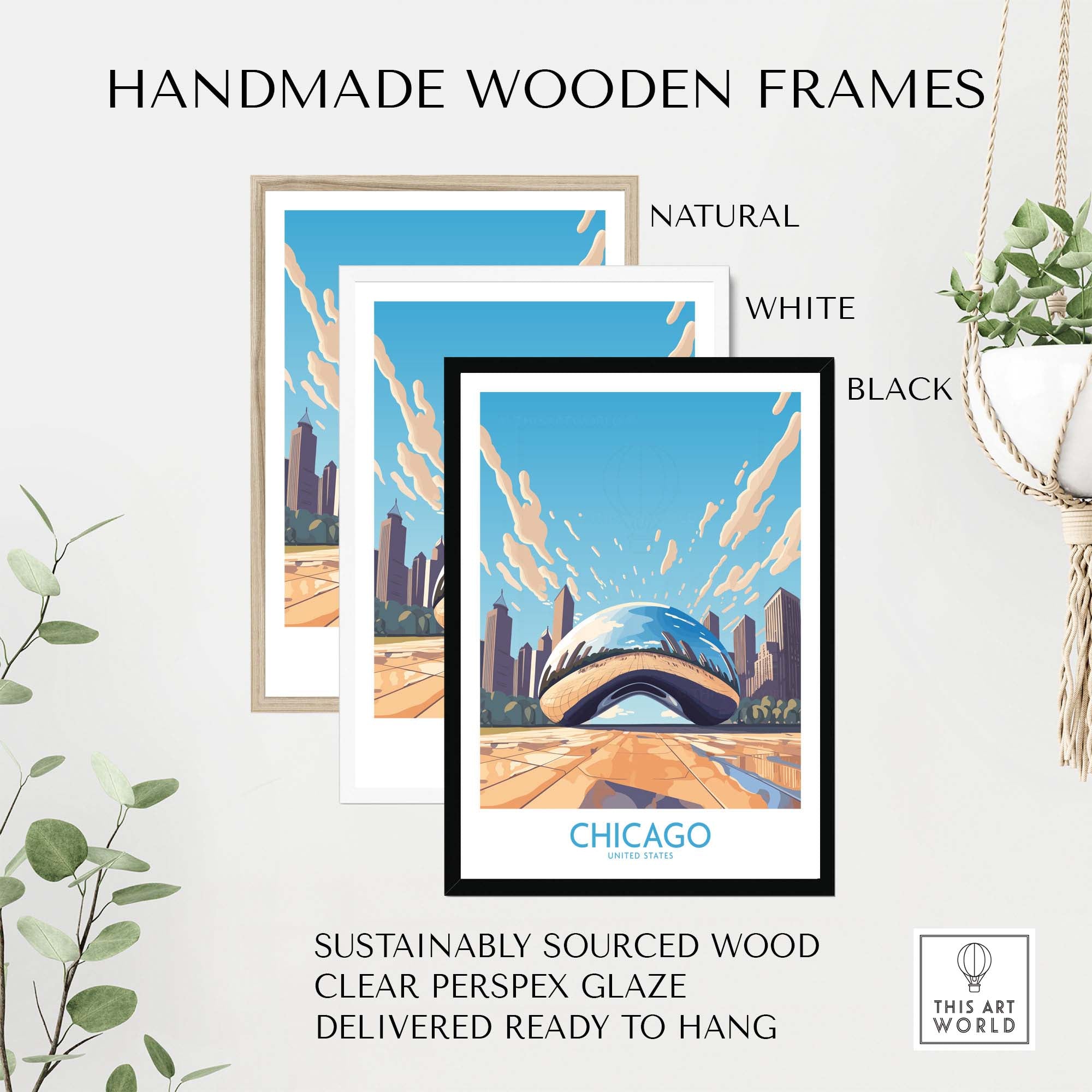 Handmade wooden frames in natural, white, and black featuring Chicago wall art with 'The Bean' illustration.