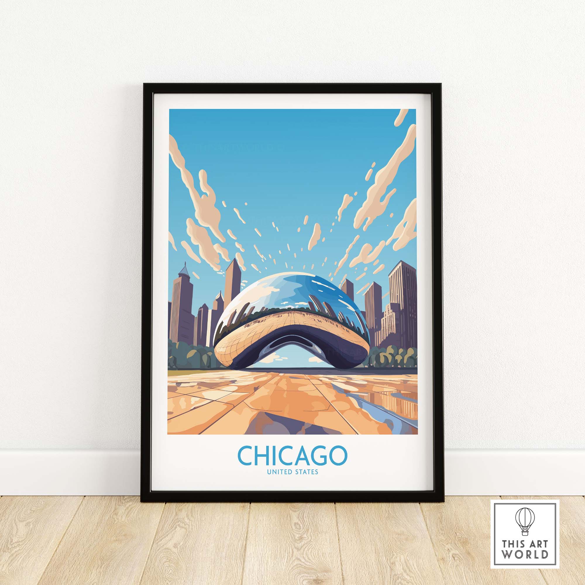 Chicago wall art featuring 'The Bean' illustration, perfect decor for Chicagoans and visitors alike.