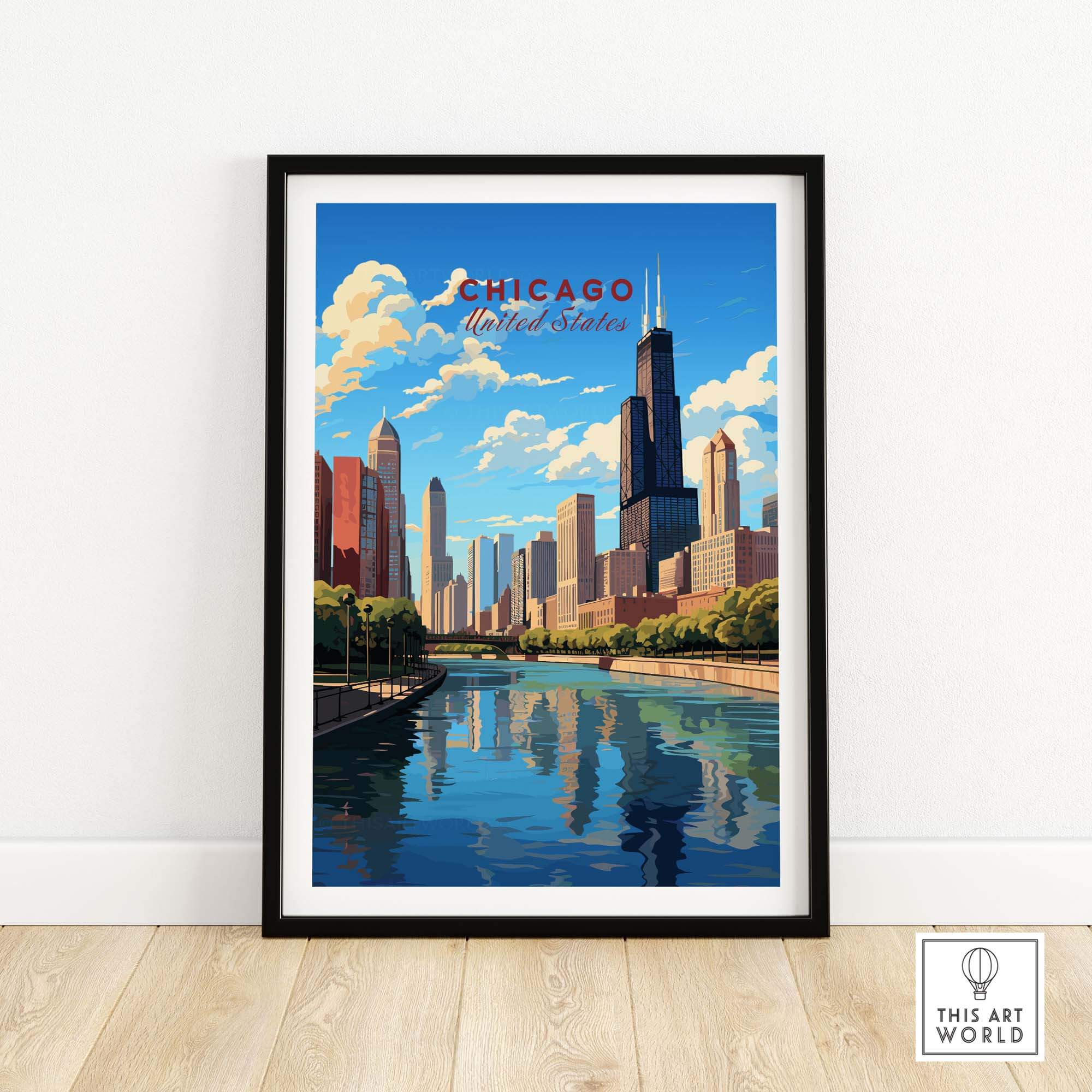 Vibrant Chicago wall art showcasing the skyline and river, perfect for home or office decor.