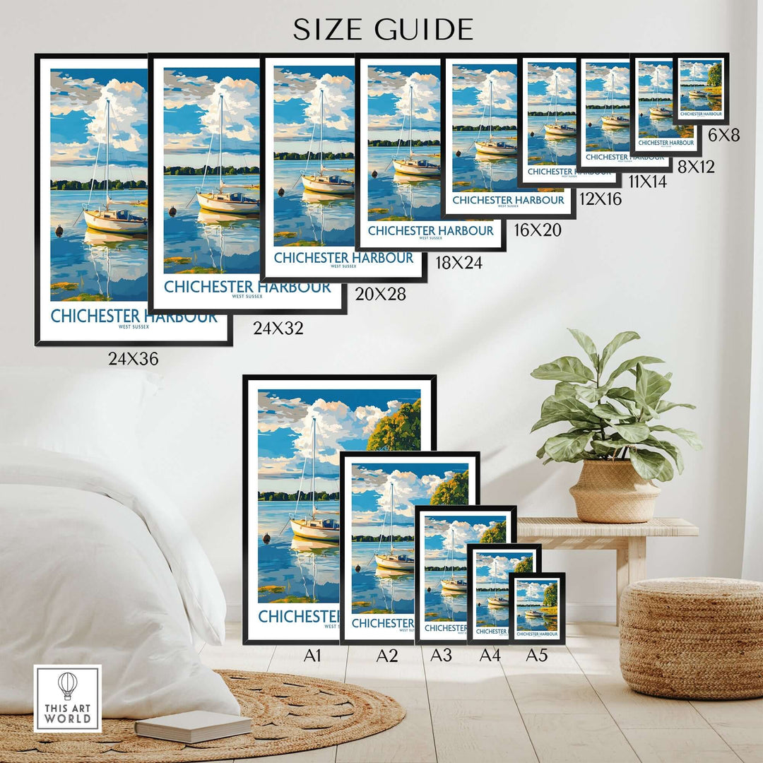 Chichester Harbour art print size guide featuring various frame sizes and a beautiful coastal design.