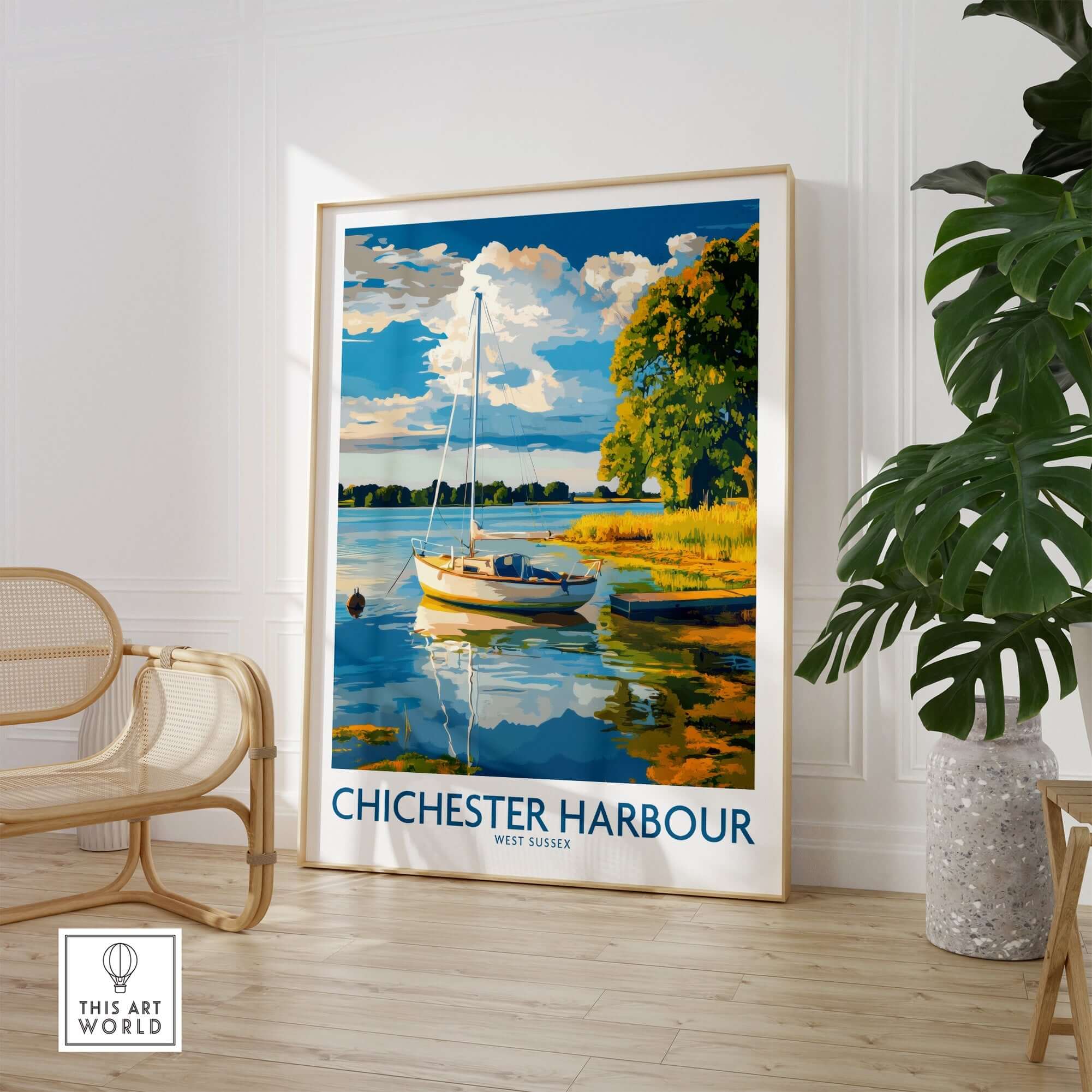 Chichester Harbour Art Print featuring a sailboat in serene waters, surrounded by lush greenery and bright blue skies.