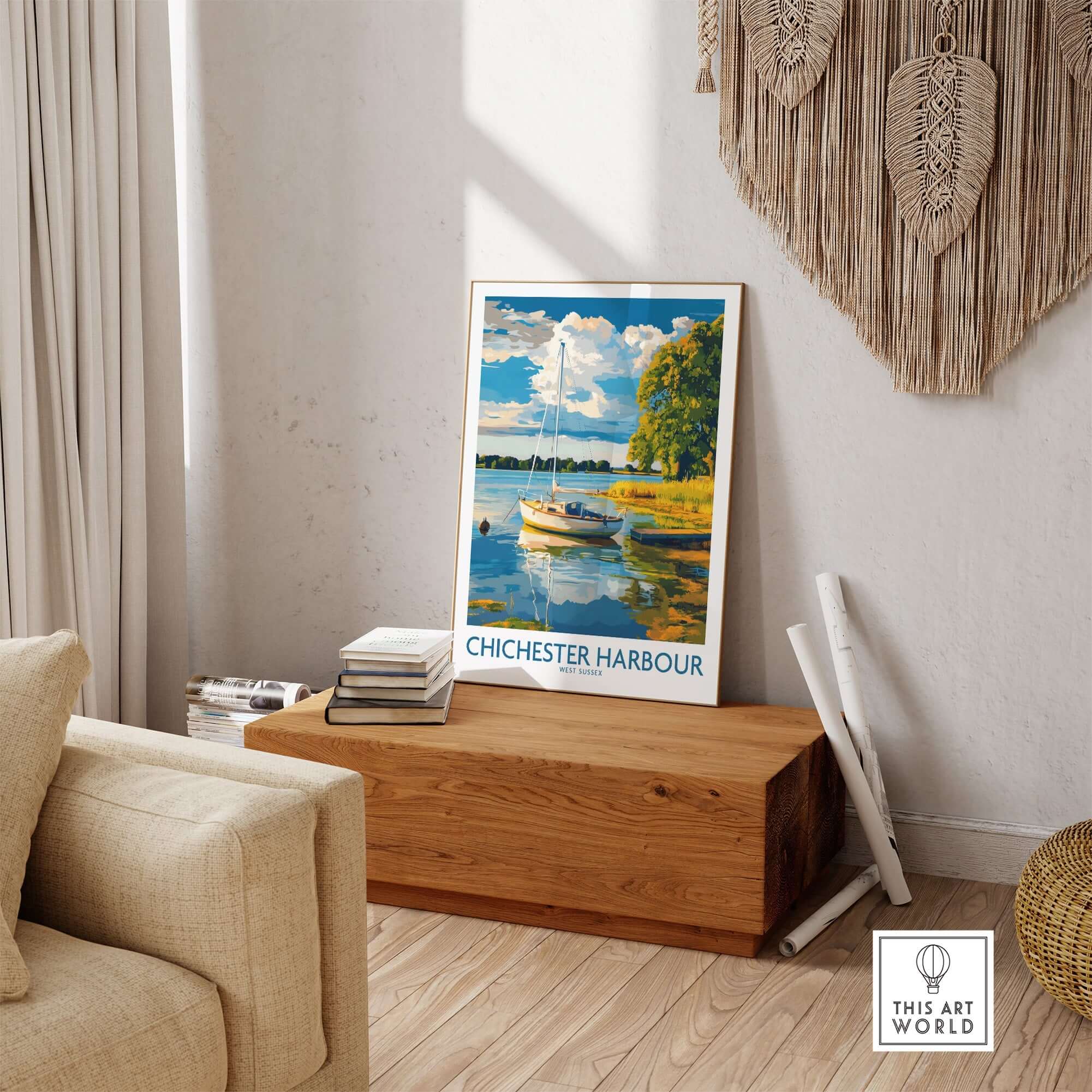 Chichester Harbour Art Print showcased in a stylish living room setting, featuring tranquil scenery and a boat.