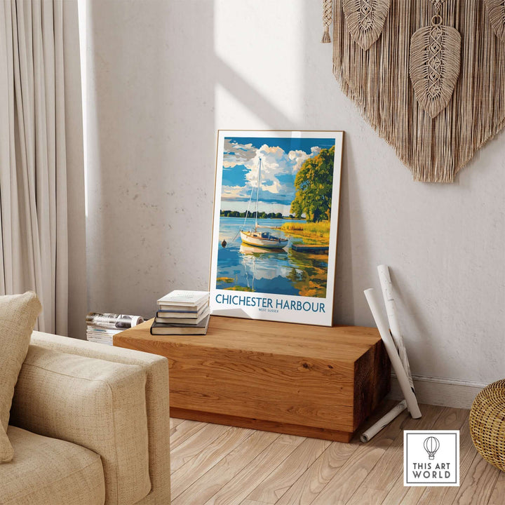 Chichester Harbour art print displayed in a stylish living room, showcasing tranquil waters and a sailboat in nature.