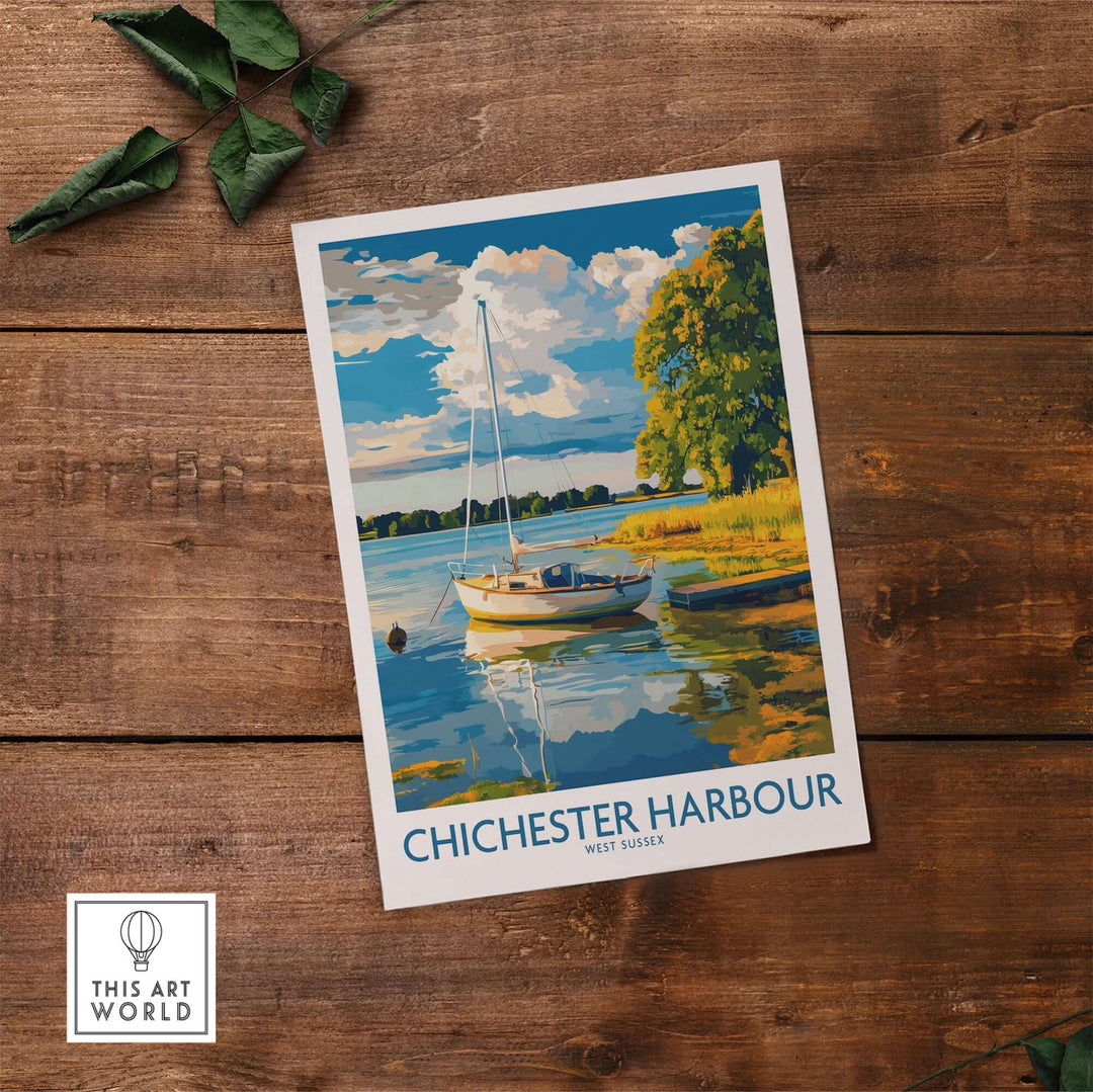 Chichester Harbour art print featuring a serene landscape with a boat, trees, and calm waters, perfect for nature lovers.