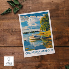 Chichester Harbour Art Print featuring a serene boat scene in vibrant colors on a wooden surface.