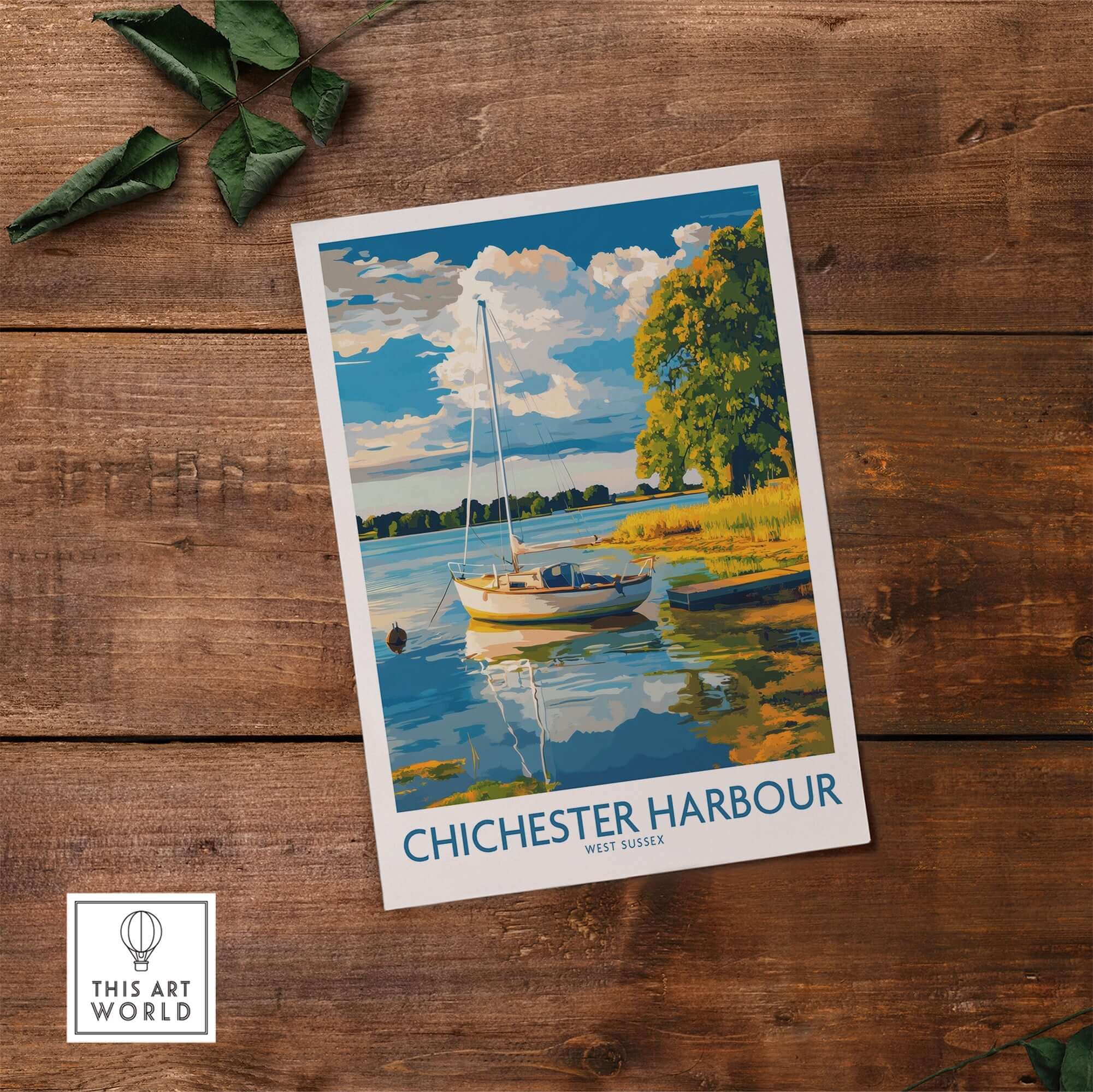 Chichester Harbour Art Print featuring a serene boat scene in vibrant colors on a wooden surface.