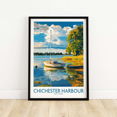 Chichester Harbour Art Print showcasing a boat on tranquil waters, perfect for nature lovers.