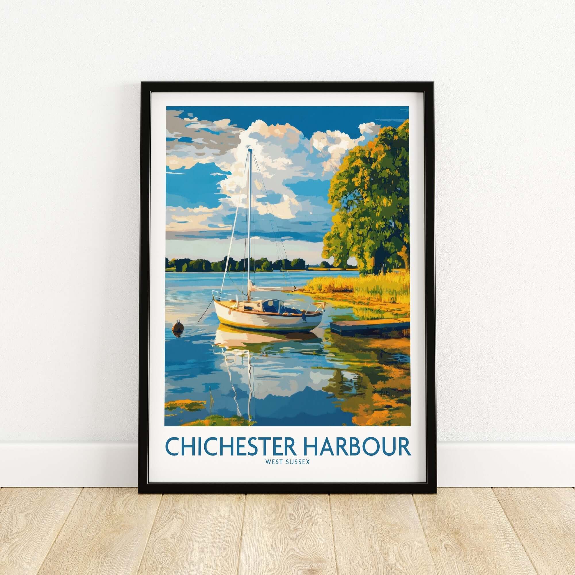 Chichester Harbour Art Print showcasing a boat on tranquil waters, perfect for nature lovers.