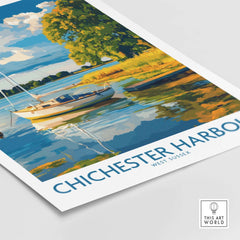 Chichester Harbour Art Print featuring a tranquil scene with a sailboat and colorful reflections in the water.