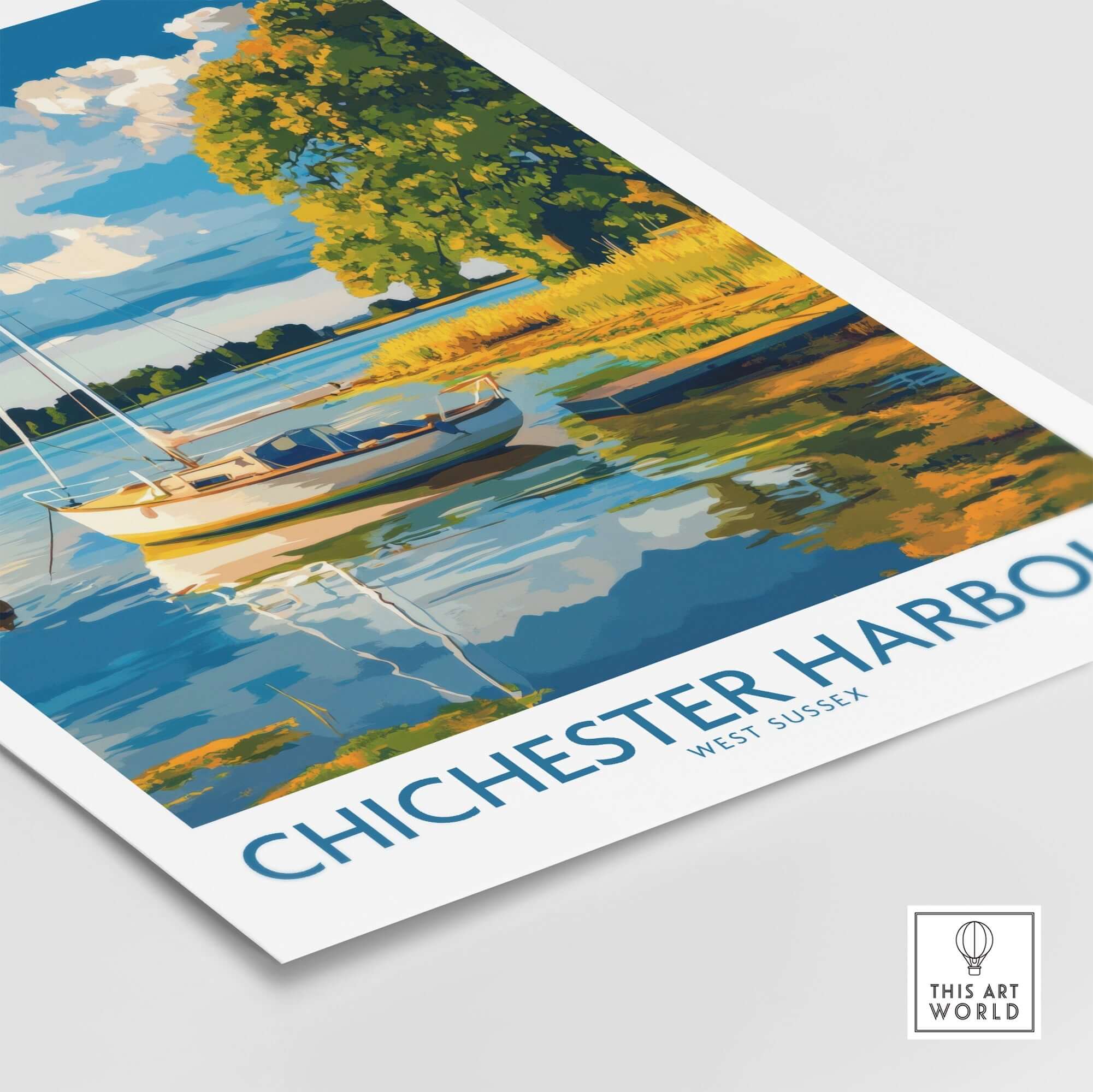 Chichester Harbour Art Print featuring a tranquil scene with a sailboat and colorful reflections in the water.