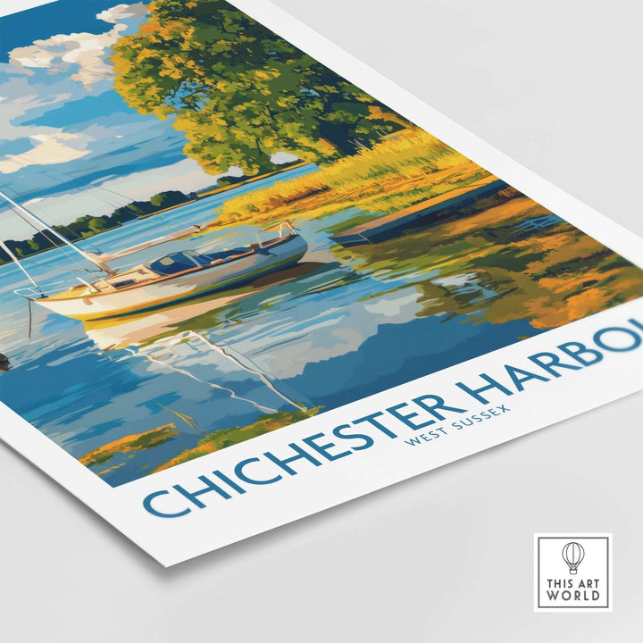 Chichester Harbour art print showcasing a tranquil landscape with a boat and vibrant colors, perfect for nature lovers.