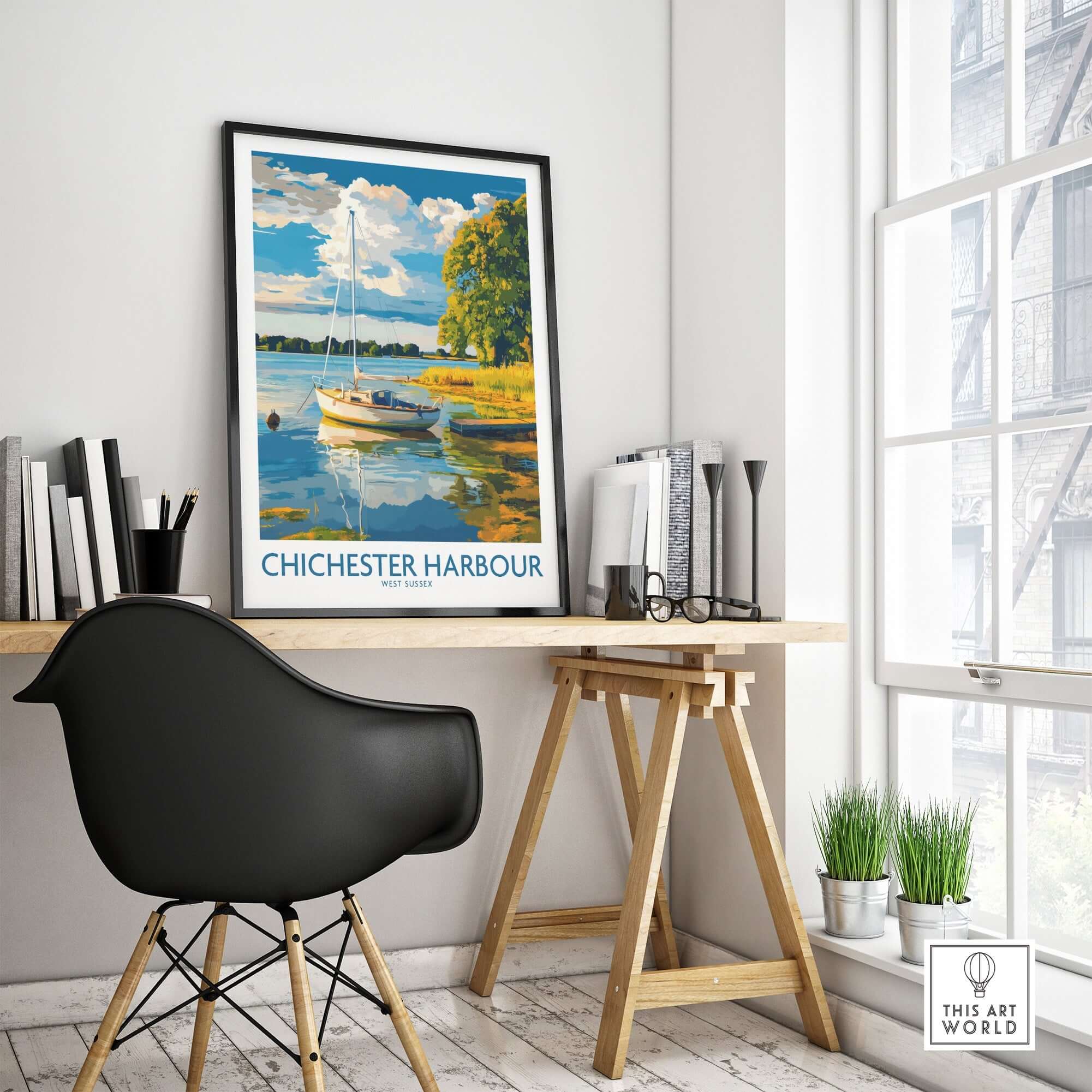 Chichester Harbour Art Print framed in a stylish room with a desk and a view, showcasing tranquil water scenery.
