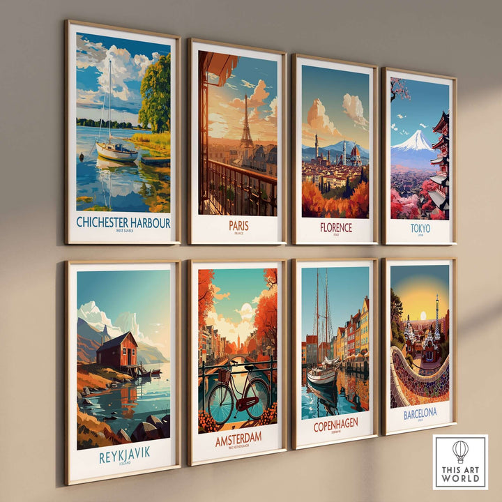 Collection of vibrant travel posters including Chichester Harbour, Paris, Florence, Tokyo, Reykjavik, Amsterdam, Copenhagen, and Barcelona.