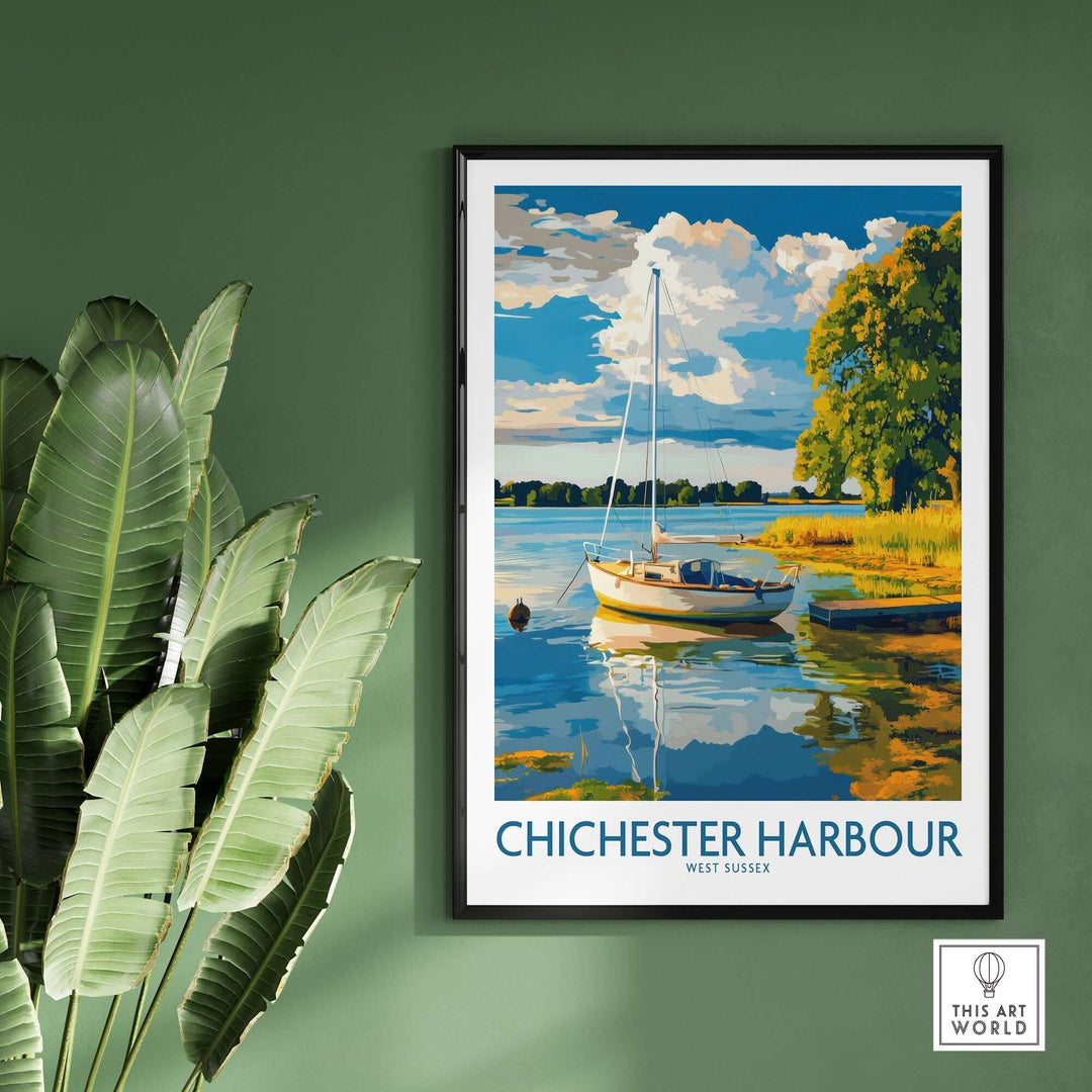 Chichester Harbour art print showcasing a tranquil boat scene in vibrant colors, perfect for nature lovers' decor.