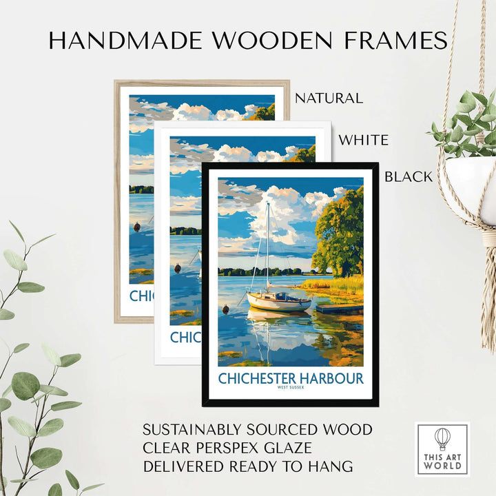 Handmade wooden frames in natural, white, and black for Chichester Harbour art print, ready to hang and sustainably sourced.