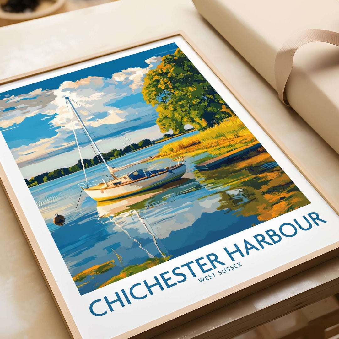 Chichester Harbour art print featuring a serene scene of a sailboat on tranquil water in West Sussex.