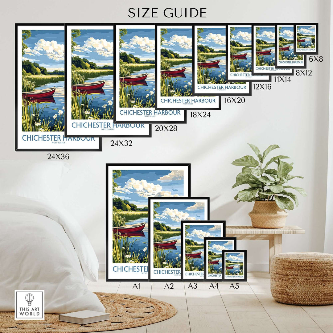 Chichester Harbour poster size guide showcasing various frame sizes in a stylish interior setting.