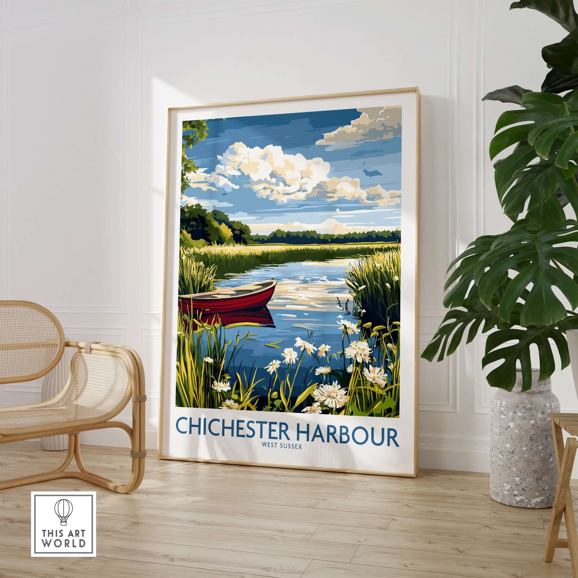 Chichester Harbour Poster showcasing a serene view of the harbour with a boat and lush greenery.