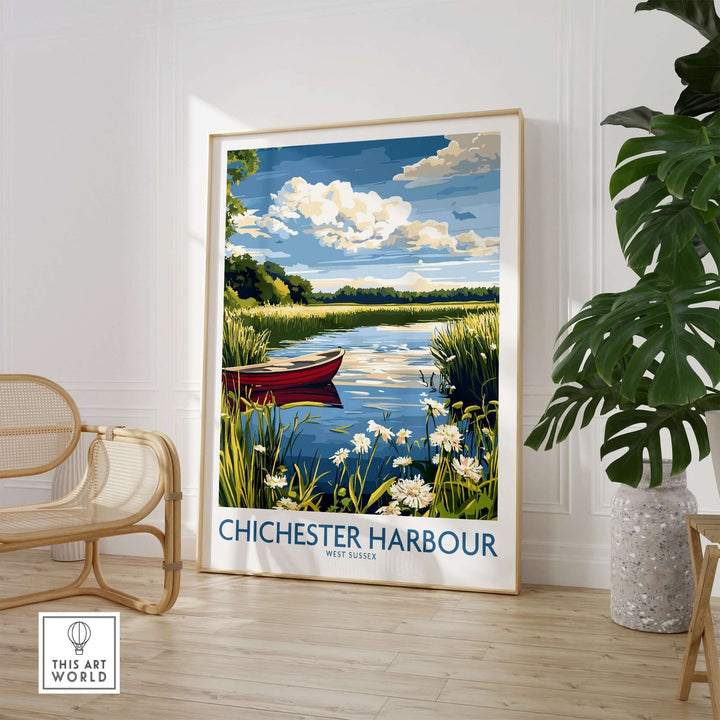 Chichester Harbour poster featuring a tranquil scene with a red boat and lush greenery, perfect for nature lovers' decor.