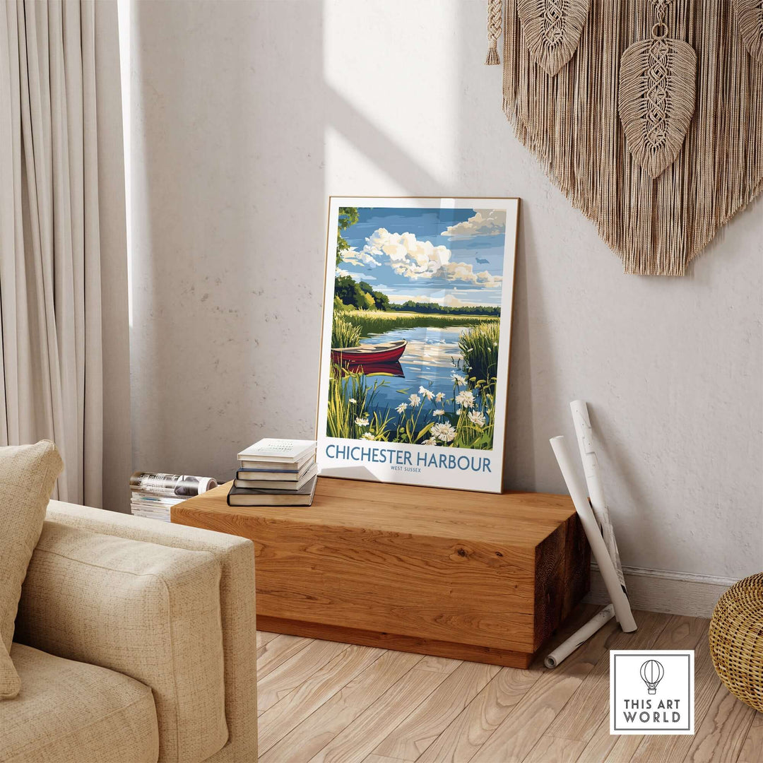 Chichester Harbour poster showcasing a serene landscape with a red boat and lush greenery, perfect for home decor.