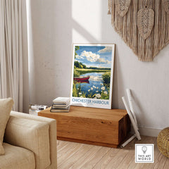 Chichester Harbour Poster showcasing serene waters and a red boat, perfect for nature lovers.